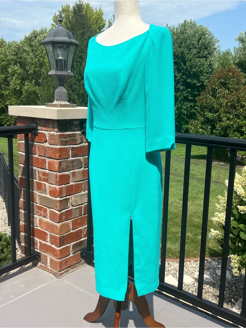 Black Halo Turquoise Teal Sheath Dress 3/4 Sleeve Career Cocktail Dress - Picture 3 of 16
